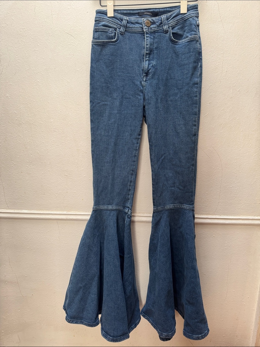 Women's Blue Denim Ruffle Flared Hem Jeans